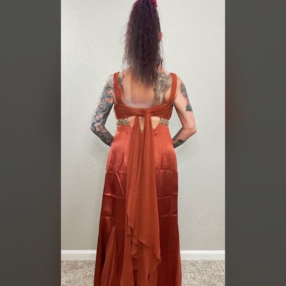 90s Vintage Bronze Silk Chiffon Halter Dress Art Deco Formal Maxi Retro 30s 10 - Picture 5 of 10